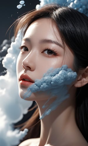 A Taiwanese woman, real skin effect, clear facial features, hanging blue smoke, her face, hyper-realistic composition style, fluid dynamic brushstrokes, monotonous traces, sufficient light, highly detailed, hyper-realistic water, high resolution