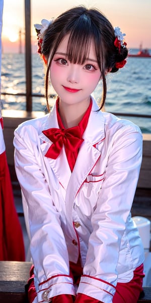 A Taiwanese girl, real skin style, delicate face, happy smile, majestic bust, stretching with arms outstretched, wearing black, white and red silk pajamas, in a sea view room facing the blue sea, the first row of sea view, the ethereal and poetic moment of sunlight and sailboats interweaving, bokeh style, the background presents a warm twilight of autumn maple forest.