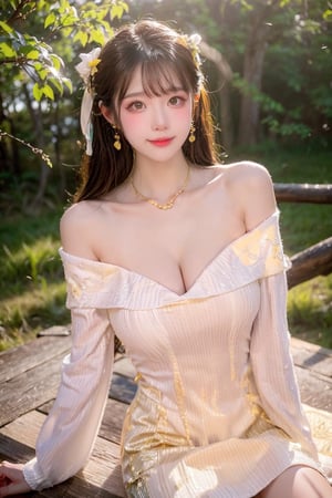 A Taiwanese beauty, with a majestic and proud bust, full and round, real skin effect, clear focus, delicate face, happy smile, sitting alone by the paddy field, on a low wooden table under a maple tree, drinking tea, enjoying the pastoral scenery, delicate light and shadow details, yellow fallen leaves all around her, golden light and shadow