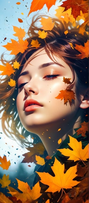 Double exposure in the silhouette of the border of fallen leaves at 80% of the screen, girl and portrait, face of a beautiful girl with both eyes closed, HD, 8k, vivid