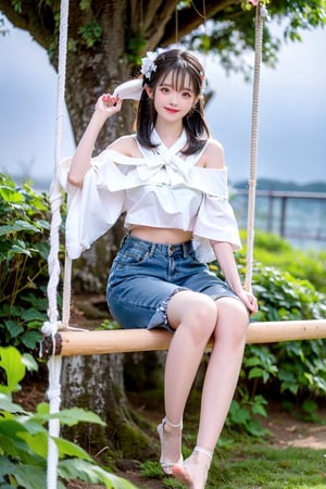 A Taiwanese girl, wearing a white off-shoulder top, short jeans, real skin style, smiling happily, delicate skin face, the focus is on the girl sitting on a swing suspended in the air, swinging on a large tree pole covered with vegetables, her toes almost touching the sea of ​​clouds, the breeze blowing her hair. The world is vast, the sun is warm, the beautiful scenery in front of her fills her heart with tranquility and leisure, panoramic view.