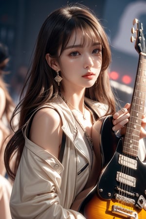 background is music stage,rock band,spot lights,
18 yo, 1 girl, beautiful korean girl, stanging on stage, holding a electric guitar, wearing bike jacket,
solo, {beautiful and detailed eyes}, dark eyes, calm expression, delicate facial features, ((model pose)), Glamor body type, (dark hair:1.2),very long hair,curly hair,hair_past_waist,bangs,
simple tiny necklace,simple tiny earrings, flim grain, realhands, masterpiece, Best Quality, 16k, photorealistic, ultra-detailed, finely detailed, high resolution, perfect dynamic composition, beautiful detailed eyes, eye smile, ((nervous and embarrassed)), sharp-focus, full_body, cowboy_shot