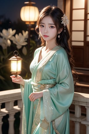 Pixar anime movie scene style, perfect face, Chinese house style, in the night, A beautiful and cute little girl with beautiful eyes is standing on the railing. 16 years old beautiful eyes so charming girl holding lantern on the balcony, in the style of charming anime characters, 32k uhd, Pixar movie scene style, realistic high quality portrait photography, timeless beauty, The lantern lamp behind her are emitting soft light. She is beautiful and dreamy. flowers blooming and lighting bokeh as background.