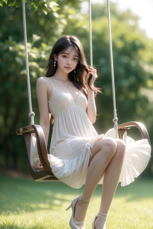 background is forest,horizon,grass field,flowers,1 swing,full body shot,
16 yo, 1 girl, beautiful korean girl,
wearing lovely simple dress(strap),sitting on swing,stretch legs,happy smile, solo, {beautiful and detailed eyes}, dark eyes, calm expression, delicate facial features, ((model pose)), Glamor body type, medium breasts,(dark hair:1.2), simple tiny earrings, simple tiny necklace,very_long_hair, hair past hip, bangs, curly hair, flim grain, realhands, masterpiece, Best Quality, 16k, photorealistic, ultra-detailed, finely detailed, high resolution, perfect dynamic composition, beautiful detailed eyes, ((nervous and embarrassed)), sharp-focus, full_body, cowboy_shot,