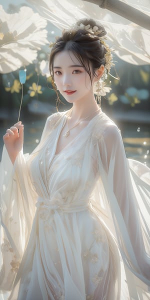 A Taiwanese girl, realism, delicate face, long thin necklace, sleeveless spaghetti straps, soaked one-piece tulle slit, ethereal eyes, dance moves, dancing body, backlighting effect, raining and sweating , with a shy smile, disheveled hair and make-up, and a majestic waist, playing in the water on the bank of the Li River in China, the background presents an ethereal and otherworldly feeling.