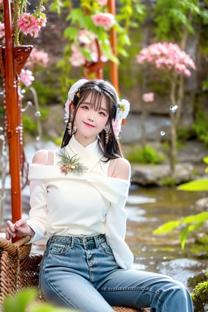 A Taiwanese girl, wearing a white off-shoulder chiffon dress, short jeans, real skin style, smiling happily, delicate skin face, the focus is on the girl sitting on a swing suspended in the air, swinging, there is a big tree pole covered with colorful beautiful flowers, petals flying around, clouds and mist lingering around, toes almost touching the sea of ​​clouds, breeze blowing her hair. The world is vast, the sun is warm, the beautiful scenery of mountains and seas in front of her fills her heart with tranquility and leisure, panoramic appearance, wide-angle lens shooting from bottom to top.