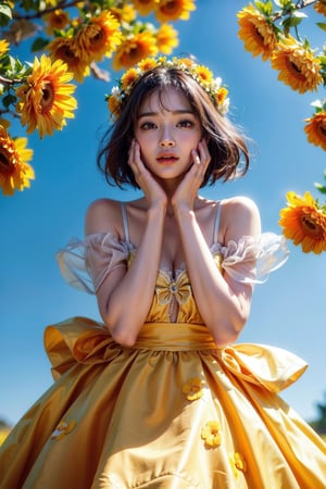 A woman stands in a flower surrounded by yellow petals. She is wearing a ring with her hand on her face and appears to be looking up. The flowers are brightly colored and create a beautiful backdrop to the scene.