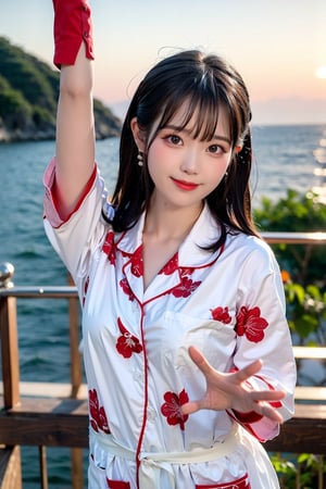 A Taiwanese girl, real skin style, delicate face, happy smile, majestic bust, stretching with arms outstretched, wearing black, white and red silk pajamas, in a sea view room facing the blue sea, the first row of sea view, the ethereal and poetic moment of sunlight and sailboats interweaving, bokeh style, the background presents a warm twilight of autumn maple forest.