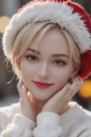 1girl,8k wallpaper,extremely detailed figure, amazing beauty, detailed characters, pure, cute, innocent, short blonde hair like boys,  pale skin, light and shadow, depth of field, light spot, reflection, close up, slim face, aesthetic portrait, wearing white sweater, red fur-beret,  smiling at camera, hand touching ear ring.

