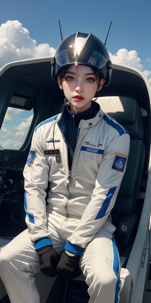 A Taiwanese man, wearing a white technical flight suit, is sitting in a fighter plane and operating the fighter plane in the air. He is wearing a helmet and smiling at the camera. The background is blue sky and white clouds. He is wearing a white flight suit, with real skin and exquisite body. Effects, Ready for Mission, Highly Detailed Textures, Shallow Depth of Field, Vibrant Colors, Thermal Realism, RAW, 16K, Masterpiece, Ultra HD, Full Body Shot, Sharp Focus, Professional, Bokeh, Hyperreal, Top Theatrical Lighting, Dynamic Shadows ,