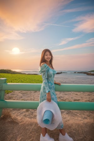 A Taiwanese girl, with real skin style, delicate face, majestic and proud upper body, ethereal and extraordinary feeling, wearing off-shoulder chiffon silk pajamas and a dreamy coat, in a warm morning, with a shy smile in spirit, sitting on the white beach, drinking coffee, with colorful petals flying around her, watching the yellow-blue light of sunrise, the bright green fields and blue sea, enjoying the feeling of being in a paradise at the moment