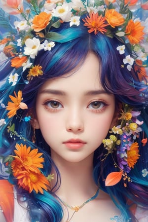 A captivating digital art portrait of a young woman surrounded by a vibrant array of flowers. Her wavy, dark blue hair frames her face, blending seamlessly with the floral elements around her. The flowers, in shades of orange, blue, and white, create a striking contrast against her pale skin. She gazes directly at the viewer with an intense, almost ethereal expression. The intricate details of the petals and leaves intertwine with her hair, giving the impression that she is one with nature. The overall composition is both delicate and dramatic, evoking a sense of mystery and enchantment.