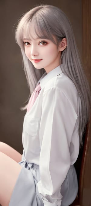 Beautiful soft light, (beautiful and delicate eyes), very detailed, pale skin, (long hair), (pastel grey hair), dreamy, ((frontal shot)), full body shot, grey eyes, soft expression, bright smile, art photography, fantasy, shy, cute,soft image, masterpiece, ultra high resolution, colors, highly detailed, soft lighting, details, Ultra HD, 8k, highest quality, (pose), girl, real, wonder of art and beauty, illustration,
soft formal tie shirt,hubg_mecha_girl