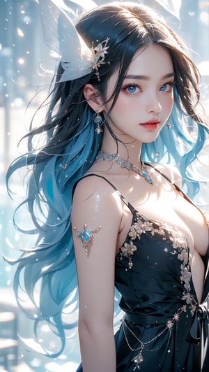 Beautiful Korean woman with white silk scarf around her neck, long blue wavy white hair, messy hair, bright blue eyes, model's beautiful chest figure pose, Japanese gorgeous jewelry hairpin, Okinawa sea view, it is raining heavily , drenched in water, splash background, rain on body, blue sky, fallen leaves, photorealistic, detailed textures, high quality, high resolution, high precision, realistic skin feel, color correction, appropriate lighting settings, harmony composition, happy smiling performance work, shallow depth of field, bokeh,Extremely Realistic,1 girl