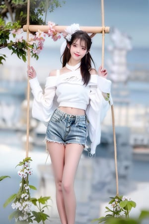 A Taiwanese girl, wearing a white off-shoulder chiffon dress, short jeans, real skin style, smiling happily, delicate skin face, the focus is on the girl sitting on a swing suspended in the air, swinging, there is a big tree pole covered with colorful beautiful flowers, petals flying around, clouds and mist lingering around, toes almost touching the sea of ​​clouds, breeze blowing her hair. The world is vast, the sun is warm, the beautiful scenery of mountains and seas in front of her fills her heart with tranquility and leisure, panoramic appearance, wide-angle lens shooting from bottom to top.