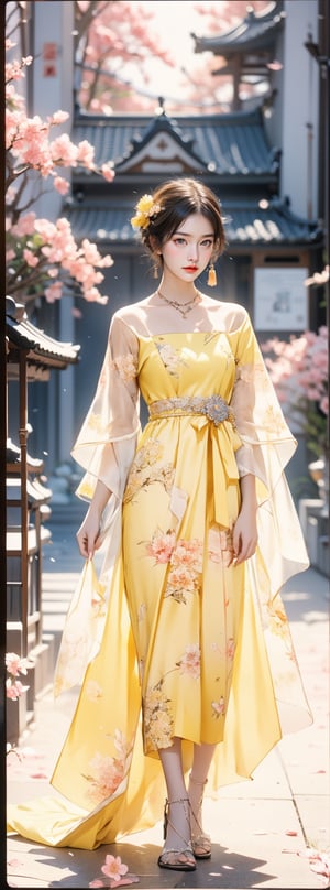 A 16-year-old Japanese beauty,in the sakura flowers.Turn slightly,yellow dress