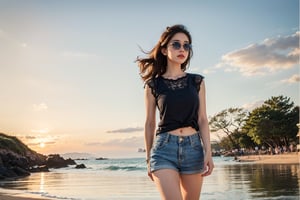 beautiful girl wearing a blue top and shorts with a lace pattern on the bottom half of the outfit, curly brown hair in two buns at the back, big pouty lips, large sunglasses on her head, walking on the beach, in the style of Lilia Alvarado, walking, high_resolution, detailed, disney pixar style