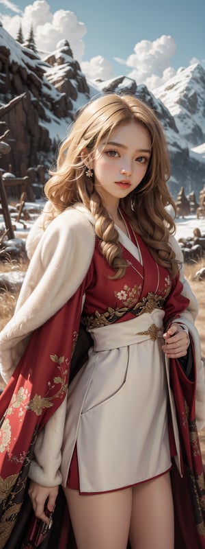 A girl with long blonde hair, wearing a fancy ornate red and white dress that combines a kimono and a fur cape, miniskirt, (scenery). intricate details, extremely detailed, incredible details, full colored, complex details, hyper maximalist, detailed decoration, detailed lines. masterpiece, best quality, HDR, UHD,Detailedface, beautiful girl