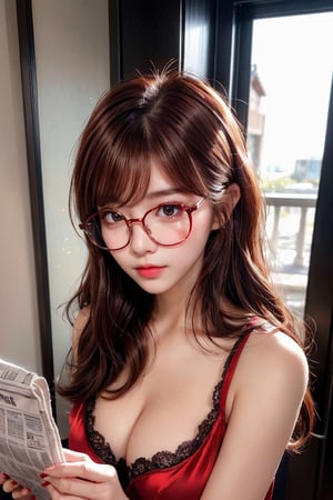 1 girl, very bright backlighting, solo, {beautiful and detailed eyes},large breasts, calm expression, natural and soft light,delicate facial features, Blunt bangs, beautiful Korean girl, eye smile,22yo, ((model pose)), Glamor body type,(half red and half brown hair,Disheveled hair:1.6), flim grain, realhands, masterpiece, Best Quality, photorealistic, ultra-detailed, finely detailed, high resolution,brown messy hair, perfect dynamic composition, beautiful detailed eyes,(Korean girl:1.4),((nervous and embarrassed)),sharp-focus, beautymix, FilmGirl,(wearing a silk pajamas:1.3),(sexy pose:1.4),facing reality,(The girl must be wearing glasses and reading a newspaper:1.4),basking in the morning sun ,cowboy shot