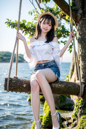 A Taiwanese girl, wearing a white off-shoulder top, short jeans, real skin style, smiling happily, delicate skin face, the focus is on the girl sitting on a swing suspended in the air, swinging on a large tree pole covered with vegetables, her toes almost touching the sea of ​​clouds, the breeze blowing her hair. The world is vast, the sun is warm, the beautiful scenery in front of her fills her heart with tranquility and leisure, panoramic view.