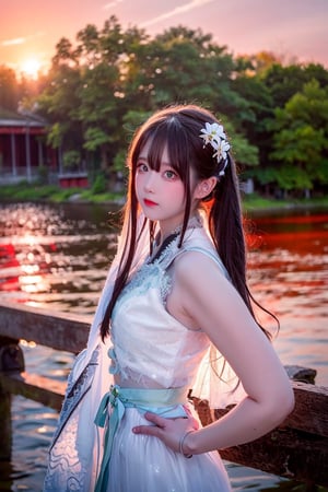 Best Works, (Best Quality, , HDR, 8k, 32k, Original Photo, Realistic, Real Skin, UHD: 1.2), a beautiful Japanese 20-year-old girl, with surging waves, a plump figure, wearing a long white tulle dress, by a forest lake, bright blue eyes, long gray hair, delicate face, perfect face, green pond, dark sky, background lighting, realism, red sky, detailed sky, realistic clouds, sun, bright environment, late afternoon, sun in the clouds, wide-angle lens effect