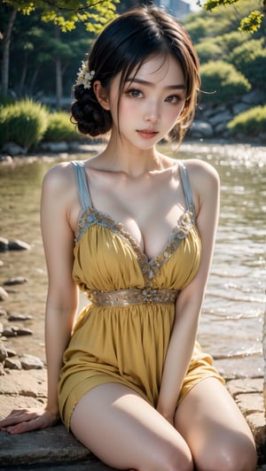 A Taiwanese girl, wearing a yellow gauze nightgown, with a real skin style, a delicate face, and a majestic bust, sits by the lake and looks quietly in front of her. The background presents an ethereal and otherworldly feeling.