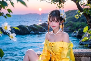 A Taiwanese girl, with real skin style, delicate face, majestic and proud upper body, ethereal and extraordinary feeling, wearing off-shoulder chiffon silk pajamas and a dreamy coat, in a warm morning, with a shy smile in spirit, sitting on the white beach, drinking coffee, with colorful petals flying around her, watching the yellow-blue light of sunrise, the bright green fields and blue sea, enjoying the feeling of being in a paradise at the moment