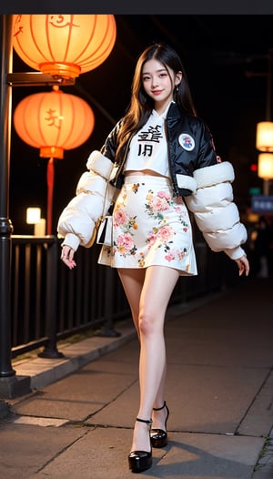 A Taiwanese girl, wearing a white MOYCL uniform and a flight jacket with the Taiwanese flag printed on it, walking on the street with a smile, real skin, delicate white face, a black background with a big moon and the font Happy Mid-Autumn Festival, bright, and "MOYCL FRIENDS" written in sweet love fonts.