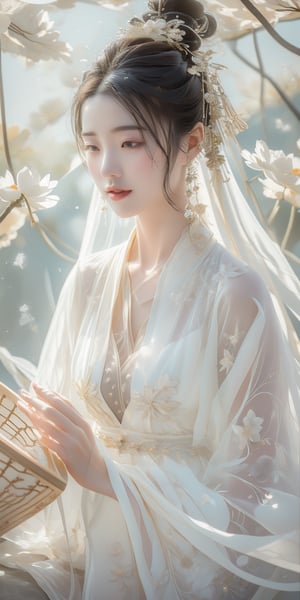 A Taiwanese woman is in the center, with realistic skin effects, clear facial features, and a majestic bust. Infrared photography, her attention is directed downwards towards the guzheng-like instrument.  She wore a delicate sheer tulle with a floral pattern that complemented her elegant pose.  The serene backdrop is a serene garden pond surrounded by rocks and blurry greenery, enhancing the calm ambience.  Soft sunlight shines through, casting a soft glow that illuminates the floating particles, adding a dreamy texture.