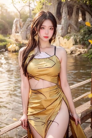 A Taiwanese beauty, with a majestic and proud bust, full and round, real skin effect, clear focus, delicate face, happy smile, sitting alone by the paddy field, on a low wooden table under a maple tree, drinking tea, enjoying the pastoral scenery, delicate light and shadow details, yellow fallen leaves all around her, golden light and shadow