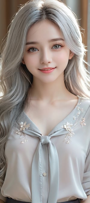 Beautiful soft light, (beautiful and delicate eyes), very detailed, pale skin, (long hair), (pastel grey hair), dreamy, ((frontal shot)), full body shot, grey eyes, soft expression, bright smile, art photography, fantasy, shy, cute,soft image, masterpiece, ultra high resolution, colors, highly detailed, soft lighting, details, Ultra HD, 8k, highest quality, (pose), girl, real, wonder of art and beauty, illustration,
soft formal tie shirt,hubg_mecha_girl