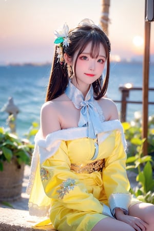 A Taiwanese girl, with real skin style, delicate face, majestic and proud upper body, ethereal and extraordinary feeling, wearing off-shoulder chiffon silk pajamas and a dreamy coat, in a warm morning, with a shy smile in spirit, sitting on the white beach, drinking coffee, with colorful petals flying around her, watching the yellow-blue light of sunrise, the bright green fields and blue sea, enjoying the feeling of being in a paradise at the moment