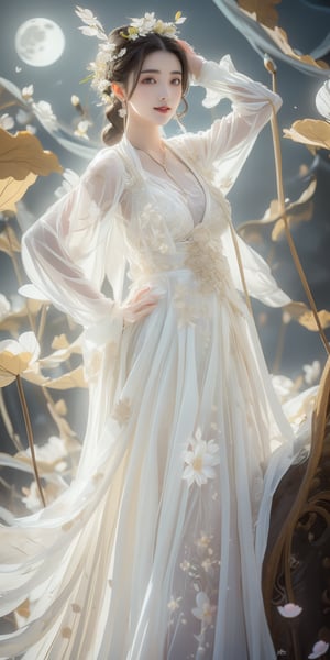 Masterpiece, best quality, 1girl, (colorful), (fine beautiful eyes and detailed face), white lace dress, purple eyes, long and thick eyelashes, bright eyes, looking at the audience, braided hairstyle, movie lighting, Half body shot, extremely detailed CG unified 8k wallpaper, white hair, solo, slightly curled lips, smile, intricate skirt, ((flying petals)), (flowery meadow) sky, cloudy sky, building, moonlight , moon, night, (dark theme: 1.3), light, fantasy, jisoo, 1 girl, asian, woman, z1l4, enhanc3d, korean, SSL, European girls, WaveMiu