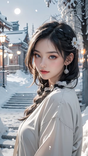 A Taiwanese girl, (realism: 1.2), analog photography style, dreamy snow scene, short black and gray braided hair, full body, soft natural light, cute and sexy smiling, happy, detailed face and blue eyes, high quality, masterpiece, detailed northern mid-autumn night background with a big moon, Chinese style mid-autumn festival atmosphere, quality: 16K, original photo face, real skin effect, clear facial features, majestic bust, analog photography style, dreamy snow scene, short black and gray braided hair, full body, soft natural light, cute and sexy, happy, detailed face and blue eyes, high quality, masterpiece, detailed northern background, quality: 16K, original photo