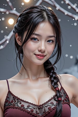 A Taiwanese girl, (realism: 1.2), analog photography style, dreamy snow scene, short black and gray braided hair, full body, soft natural light, cute and sexy smiling, happy, detailed face and blue eyes, high quality, masterpiece, detailed northern mid-autumn night background with a big moon, Chinese style mid-autumn festival atmosphere, quality: 16K, original photo face, real skin effect, clear facial features, majestic bust, analog photography style, dreamy snow scene, short black and gray braided hair, full body, soft natural light, cute and sexy, happy, detailed face and blue eyes, high quality, masterpiece, detailed northern background, quality: 16K, original photo