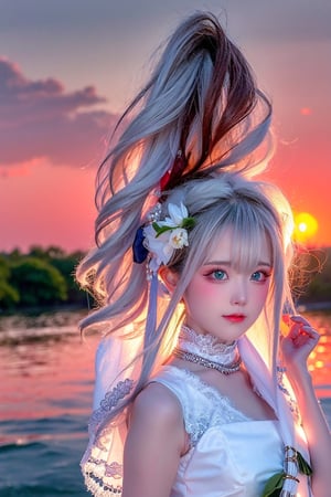 Best Works, (Best Quality, , HDR, 8k, 32k, Original Photo, Realistic, Real Skin, UHD: 1.2), a beautiful Japanese 20-year-old girl, with surging waves, a plump figure, wearing a long white tulle dress, by a forest lake, bright blue eyes, long gray hair, delicate face, perfect face, green pond, dark sky, background lighting, realism, red sky, detailed sky, realistic clouds, sun, bright environment, late afternoon, sun in the clouds, wide-angle lens effect