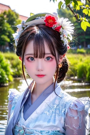 Best Works, (Best Quality, , HDR, 8k, 32k, Original Photo, Realistic, Real Skin, UHD: 1.2), a beautiful Japanese 20-year-old girl, with surging waves, a plump figure, wearing a long white tulle dress, by a forest lake, bright blue eyes, long gray hair, delicate face, perfect face, green pond, dark sky, background lighting, realism, red sky, detailed sky, realistic clouds, sun, bright environment, late afternoon, sun in the clouds, wide-angle lens effect