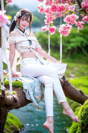 A Taiwanese girl, wearing a white off-shoulder chiffon dress, short jeans, real skin style, smiling happily, delicate skin face, the focus is on the girl sitting on a swing suspended in the air, swinging, there is a big tree pole covered with colorful beautiful flowers, petals flying around, clouds and mist lingering around, toes almost touching the sea of ​​clouds, breeze blowing her hair. The world is vast, the sun is warm, the beautiful scenery of mountains and seas in front of her fills her heart with tranquility and leisure, panoramic appearance, wide-angle lens shooting from bottom to top.