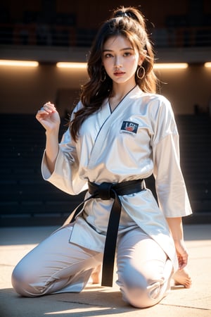 background is judo hall,stadium,16 yo,beautiful girl,female fighter,very long ponytail,curly hair,dark brown hair, girl doing karate in karate costume, karate costume, black belt, barefoot,smile,Best Quality, 32k, photorealistic, ultra-detailed, finely detailed, high resolution, perfect dynamic composition, beautiful detailed eyes, sharp-focus, cowboy shot,