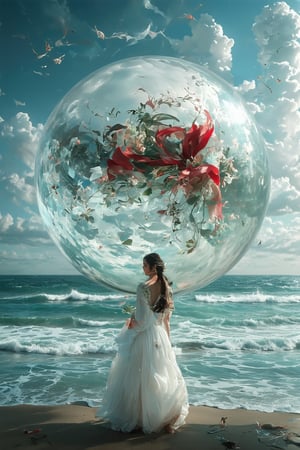 Surrealist watercolor painting. Pristine beach with soft, sandy shores and gentle waves. Enormous glass sphere, perfectly transparent, resting on sand. Oversized red ribbon wrapped around the sphere, flowing and billowing in imaginary wind. Distorted reflections in glass, merging sky and sea. Dreamy, muted palette for beach, vivid red for ribbon. Subtle watercolor textures, wet-on-wet technique. Magritte-esque juxtaposition of reality and fantasy. Thought-provoking, whimsical scene