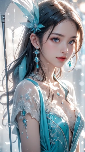 Beautiful Korean woman with white silk scarf around her neck, long blue wavy white hair, messy hair, bright blue eyes, model's beautiful chest figure pose, Japanese gorgeous jewelry hairpin, Okinawa sea view, it is raining heavily , drenched in water, splash background, rain on body, blue sky, fallen leaves, photorealistic, detailed textures, high quality, high resolution, high precision, realistic skin feel, color correction, appropriate lighting settings, harmony composition, happy smiling performance work, shallow depth of field, bokeh,Extremely Realistic,1 girl