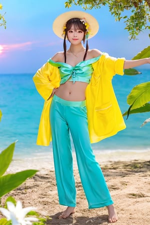 A Taiwanese girl, with real skin style, delicate face, majestic and proud upper body, ethereal and extraordinary feeling, wearing off-shoulder chiffon silk pajamas and a dreamy coat, in a warm morning, with a shy smile in spirit, sitting on the white beach, drinking coffee, with colorful petals flying around her, watching the yellow-blue light of sunrise, the bright green fields and blue sea, enjoying the feeling of being in a paradise at the moment