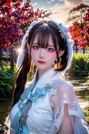 Best Works, (Best Quality, , HDR, 8k, 32k, Original Photo, Realistic, Real Skin, UHD: 1.2), a beautiful Japanese 20-year-old girl, with surging waves, a plump figure, wearing a long white tulle dress, by a forest lake, bright blue eyes, long gray hair, delicate face, perfect face, green pond, dark sky, background lighting, realism, red sky, detailed sky, realistic clouds, sun, bright environment, late afternoon, sun in the clouds, wide-angle lens effect