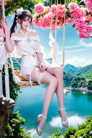 A Taiwanese girl, wearing a white off-shoulder chiffon dress, short jeans, real skin style, smiling happily, delicate skin face, the focus is on the girl sitting on a swing suspended in the air, swinging, there is a big tree pole covered with colorful beautiful flowers, petals flying around, clouds lingering around, toes almost touching the sea of ​​clouds, breeze blowing hair. The world is vast, the sun is warm, the beautiful scenery of mountains and seas in front of her fills her heart with tranquility and leisure, panoramic appearance.