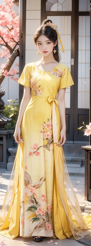 A 16-year-old Japanese beauty,in the sakura flowers.Turn slightly,yellow dress