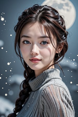 A Taiwanese girl, (realism: 1.2), analog photography style, dreamy snow scene, short black and gray braided hair, full body, soft natural light, cute and sexy smiling, happy, detailed face and blue eyes, high quality, masterpiece, detailed northern mid-autumn night background with a big moon, Chinese style mid-autumn festival atmosphere, quality: 16K, original photo face, real skin effect, clear facial features, majestic bust, analog photography style, dreamy snow scene, short black and gray braided hair, full body, soft natural light, cute and sexy, happy, detailed face and blue eyes, high quality, masterpiece, detailed northern background, quality: 16K, original photo