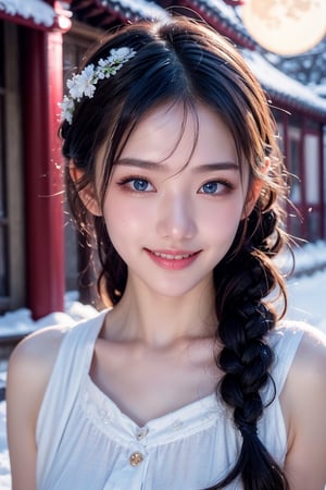 A Taiwanese girl, (realism: 1.2), analog photography style, dreamy snow scene, short black and gray braided hair, full body, soft natural light, cute and sexy smiling, happy, detailed face and blue eyes, high quality, masterpiece, detailed northern mid-autumn night background with a big moon, Chinese style mid-autumn festival atmosphere, quality: 16K, original photo face, real skin effect, clear facial features, majestic bust, analog photography style, dreamy snow scene, short black and gray braided hair, full body, soft natural light, cute and sexy, happy, detailed face and blue eyes, high quality, masterpiece, detailed northern background, quality: 16K, original photo