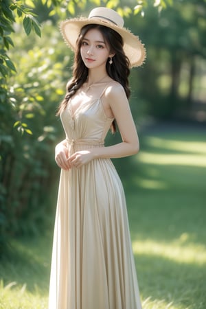 background is forest,horizon,grass field,full body shot,
16 yo, 1 girl, beautiful korean girl,
wearing lovely simple dress(strap),wearing lady hat,holding buquet,happy smile, solo, {beautiful and detailed eyes}, dark eyes, calm expression, delicate facial features, ((model pose)), Glamor body type, medium breasts,(dark hair:1.2), simple tiny earrings, simple tiny necklace,braided hair, flim grain, realhands, masterpiece, Best Quality, 16k, photorealistic, ultra-detailed, finely detailed, high resolution, perfect dynamic composition, beautiful detailed eyes, ((nervous and embarrassed)), sharp-focus, full_body, cowboy_shot,