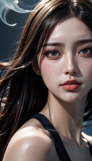 A Taiwanese woman, real skin effect, clear facial features, hanging blue smoke, her face, hyper-realistic composition style, fluid dynamic brushstrokes, monotonous traces, sufficient light, highly detailed, hyper-realistic water, high resolution