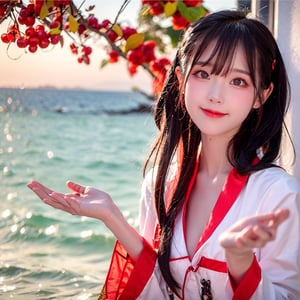 A Taiwanese girl, real skin style, delicate face, happy smile, majestic bust, stretching with arms outstretched, wearing black, white and red silk pajamas, in a sea view room facing the blue sea, the first row of sea view, the ethereal and poetic moment of sunlight and sailboats interweaving, bokeh style, the background presents a warm twilight of autumn maple forest.